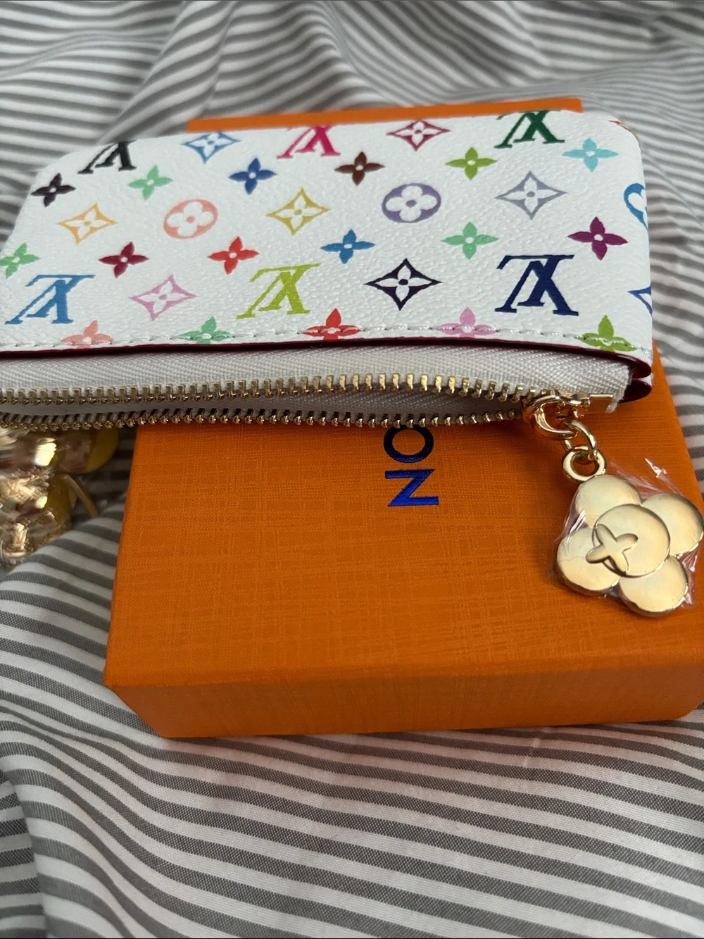 LV Murakami Design White Multicolor Monogram Cosmetic Pouch with Charm